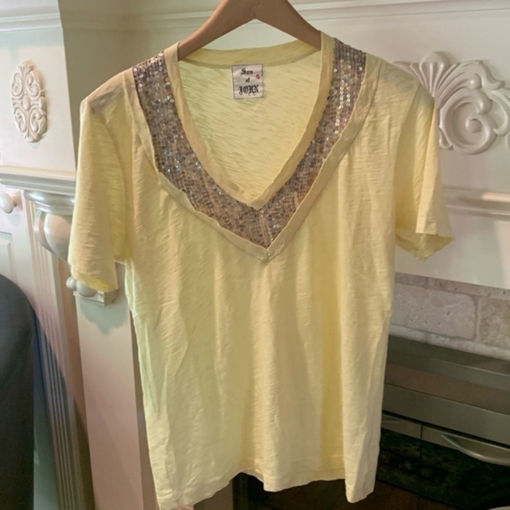 Son of John silk sequins short sleeve v neck shirt Medium stretchy